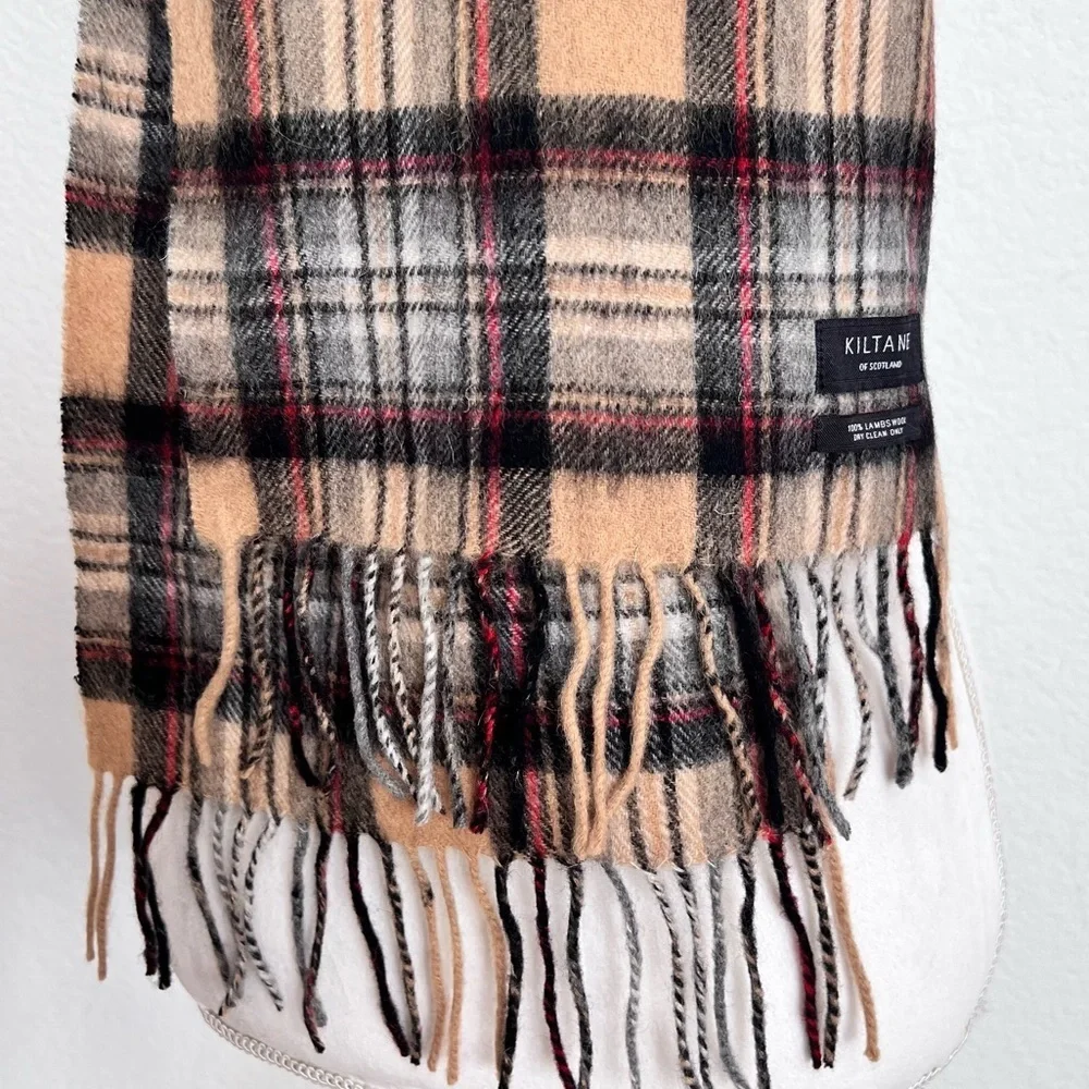 Kiltane of Scotland Tan Black Tartan Plaid Lambswool Scarf Fringe Unisex